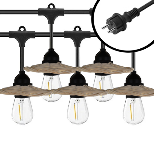 10m Arena LED Prikkabel - met Rotan kapjes - IP65 Lichtsnoer Buiten - koppelbaar - Lampjes Slinger - inclusief 10x E27 lampen - Eco - Incl. Stekker
