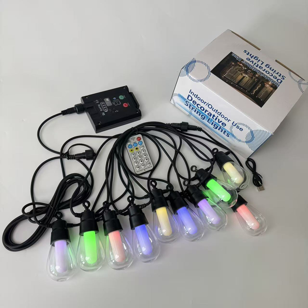 8m Arena Solar LED Prikkabel RGB &amp; Warm Wit - afstandsbediening - USB-C &amp; Zonnepaneel - inclusief 10x E27 lampen