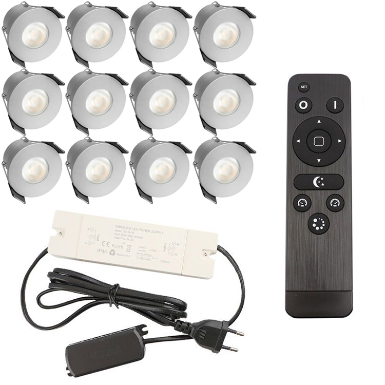 Grijze LED veranda / overkapping / tuinhuis inbouwspots - set van 12 dimbare IP65 spots 12Volt 2700K warm wit